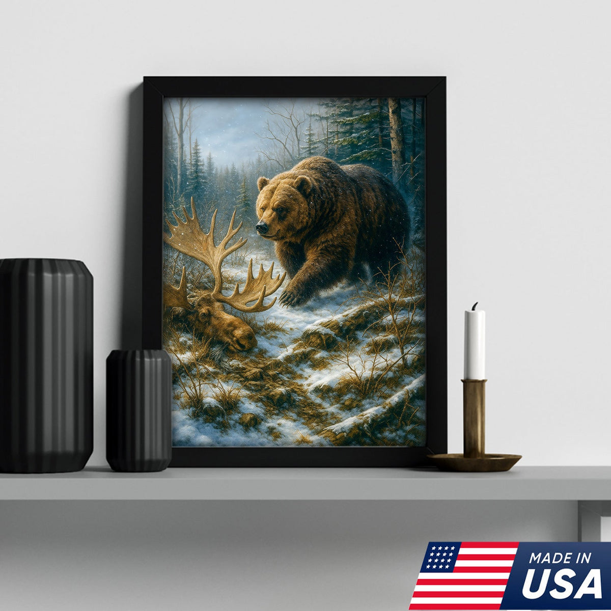 Grizzly Bear and Moose Wilderness Wall Art – Rustic Hunting Canvas for Cabin & Lodge Decor