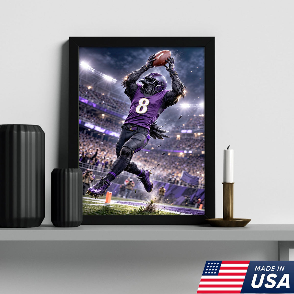 Raven Football Player Canvas Wall Art – Purple Stadium Touchdown Action Print