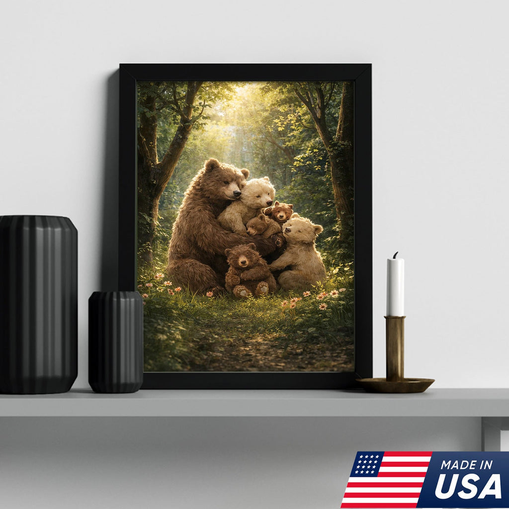 Heartwarming Bear Family Canvas Wall Art, Mother Bear with Cubs in Sunlit Forest