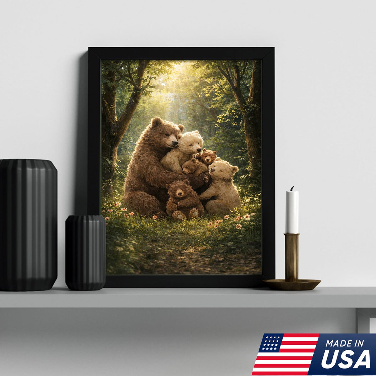 Heartwarming Bear Family Canvas Wall Art, Mother Bear with Cubs in Sunlit Forest