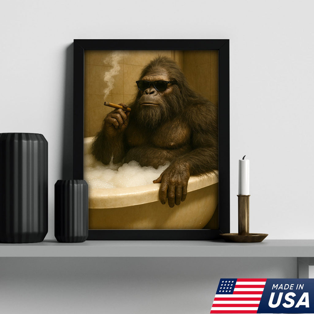 Funny Bigfoot Smoking Canvas Wall Art – Cool Bathtub Scene Gift for Hunters & Outdoorsmen