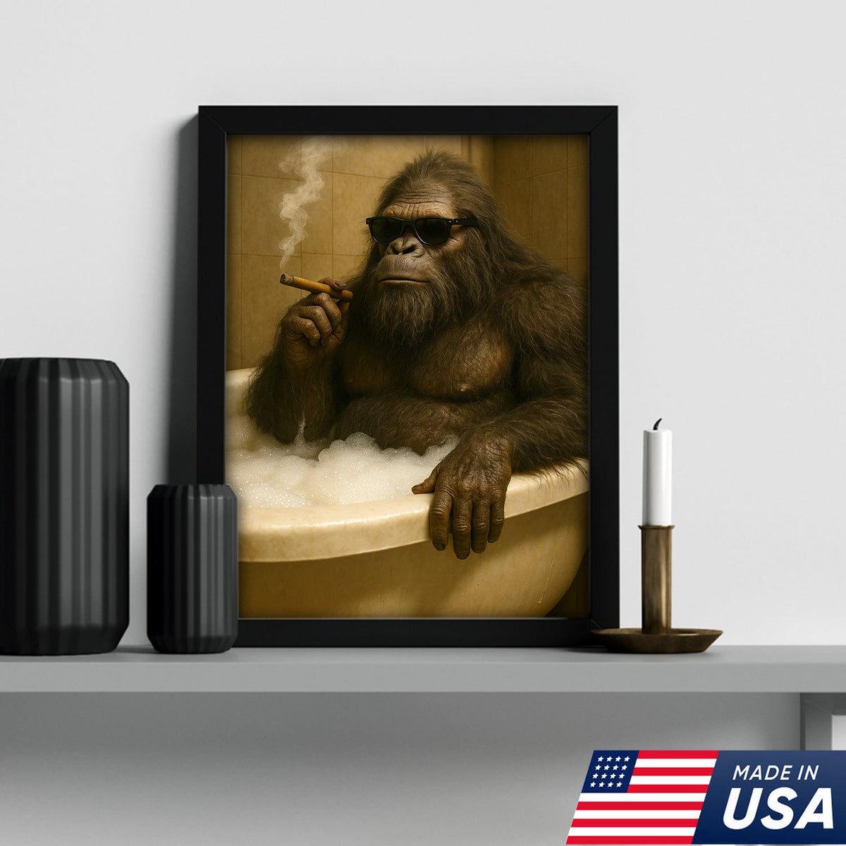 Funny Bigfoot Smoking Canvas Wall Art – Cool Bathtub Scene Gift for Hunters & Outdoorsmen