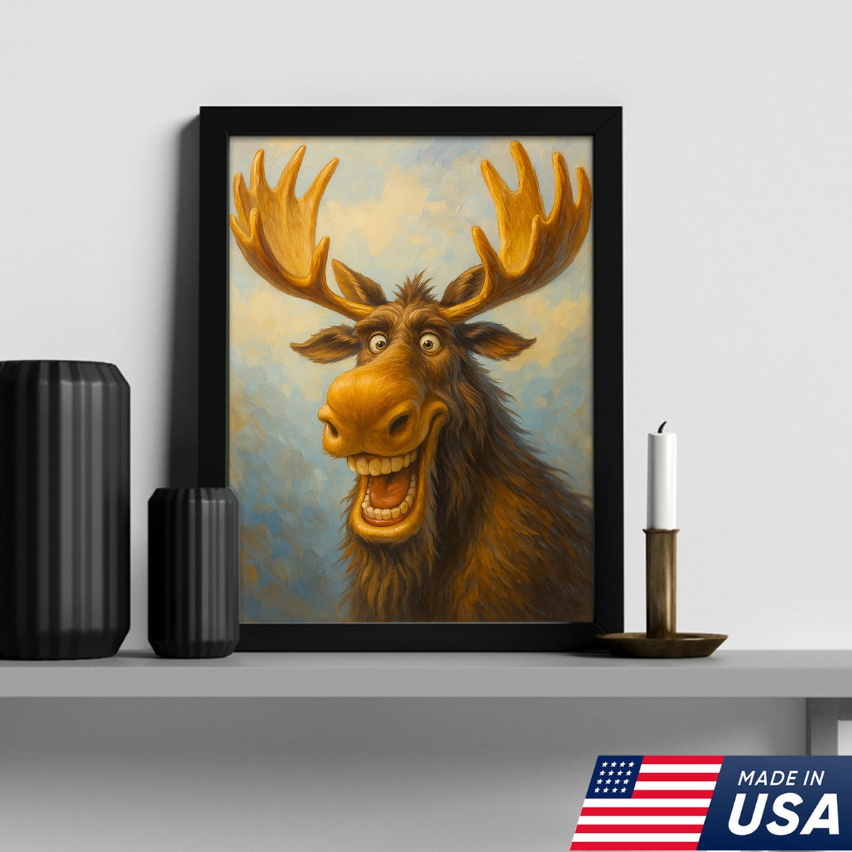 Funny Moose Wall Art – Cartoon Moose Decor, Rustic Cabin Gift, Lodge Bar Humor Canvas Print