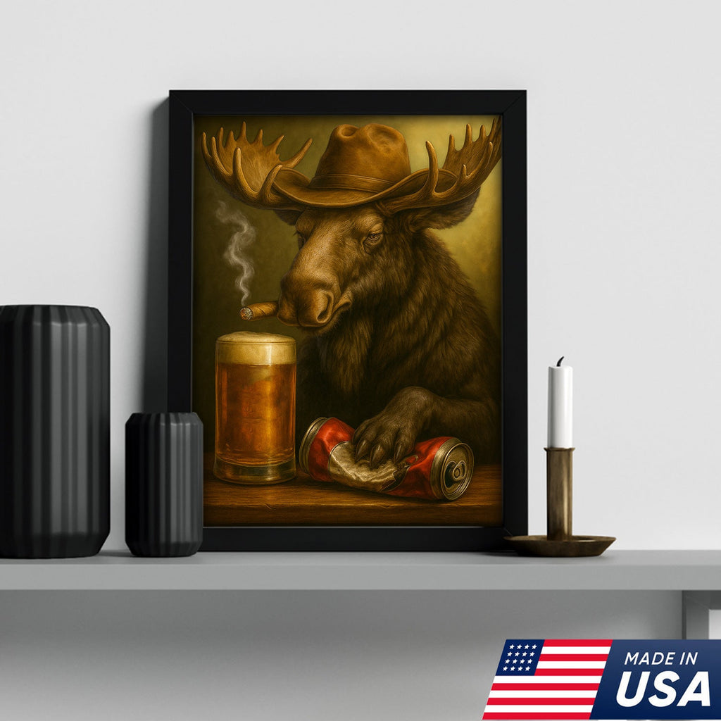 Rustic Cowboy Moose Beer Canvas – Funny Bar Wall Art Gift for Hunters, Cabin Decor & Man Caves