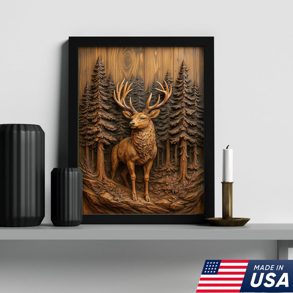 Deer in Pine Forest Canvas Wall Art, Rustic Wood Carved Look Buck Artwork