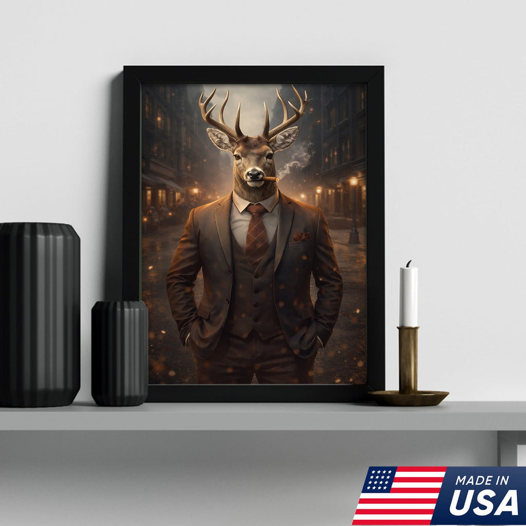 Stylish Deer Gentleman Canvas Wall Art, Anthropomorphic Animal City Night Artwork