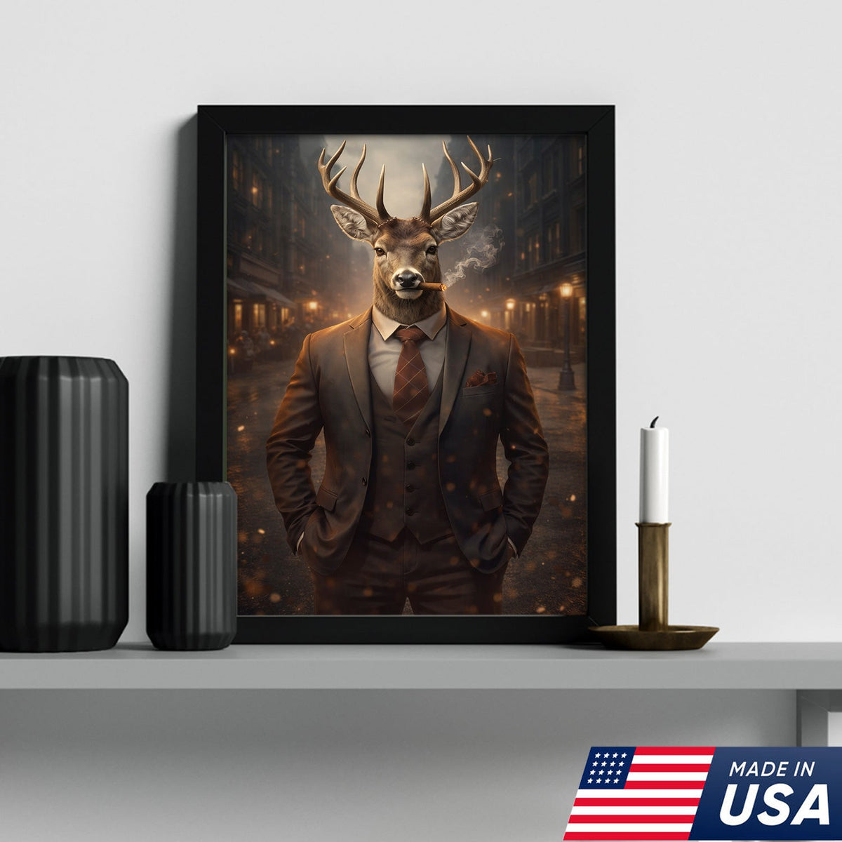 Stylish Deer Gentleman Canvas Wall Art, Anthropomorphic Animal City Night Artwork