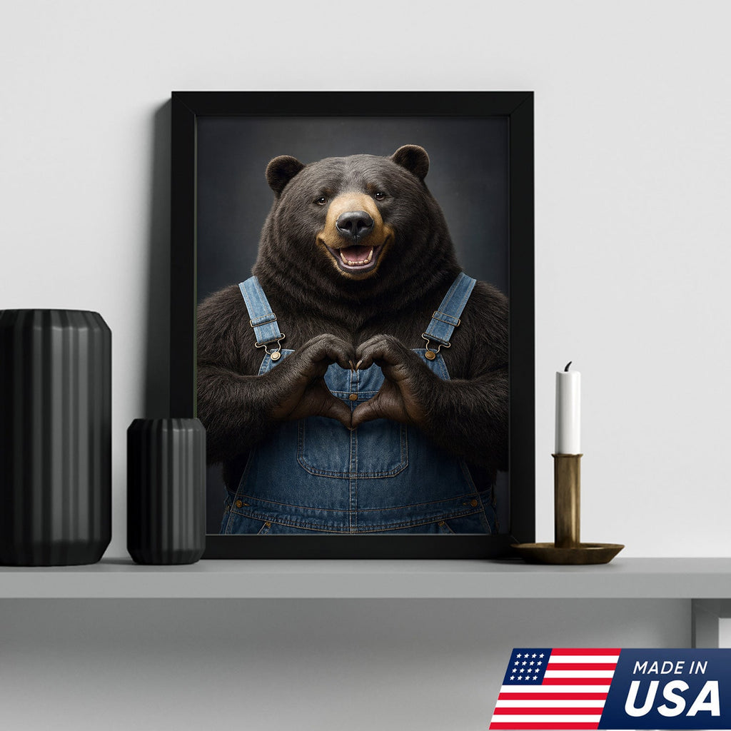 Cute Bear Heart Hands Wall Art Canvas – Whimsical Animal Print for Cabin