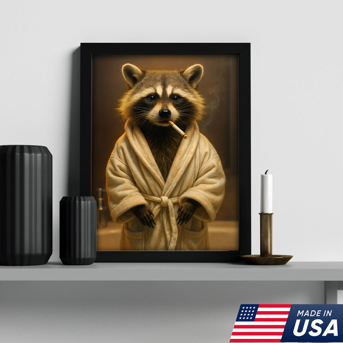 Hilarious Raccoon Bathrobe Canvas – Cozy Bathroom Humor Wall Art, Man Cave Decor