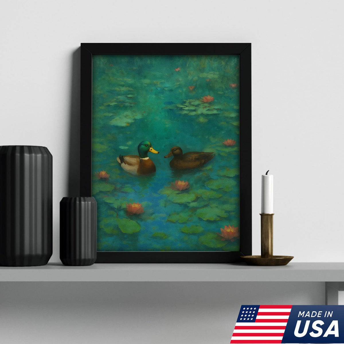 Romantic Mallard Duck Canvas Wall Art – Tranquil Pond & Water Lily Canvas