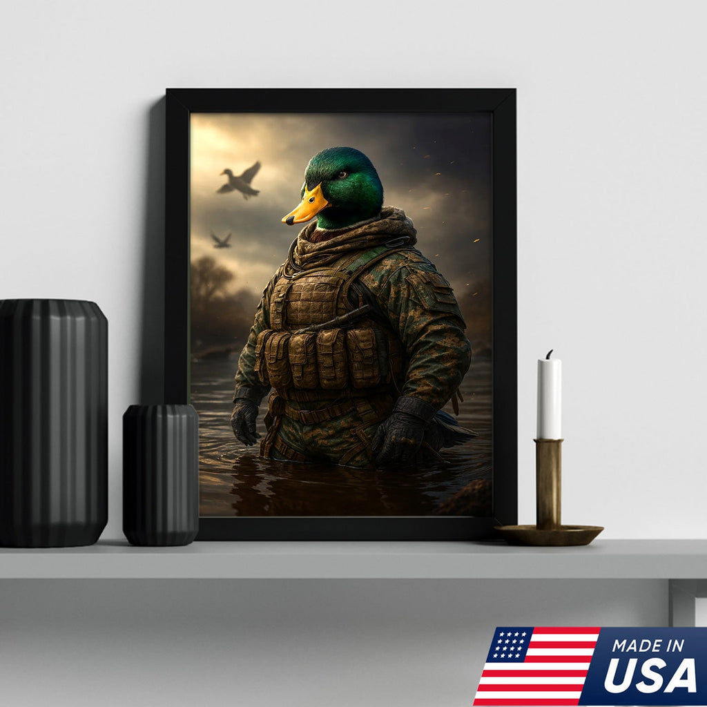 Tactical Duck Canvas Art – Elite Armored Mallard Warrior in Battle Scene