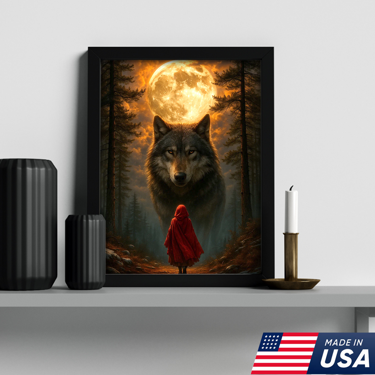 Wolf and Little Red Riding Hood Canvas Wall Art – Fantasy Moonlit Forest Scene