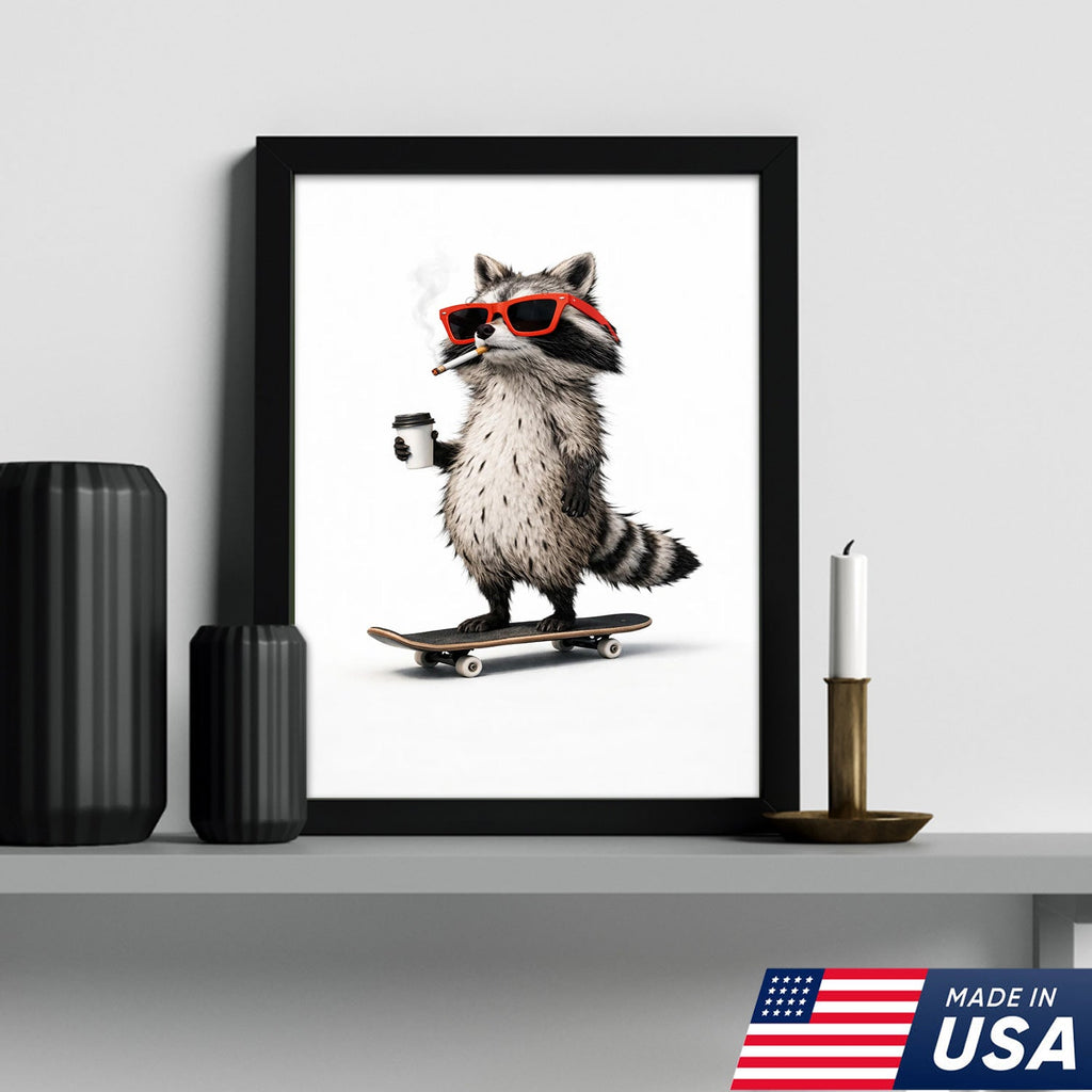 Cool Skateboard Raccoon Wall Art Canvas Print, Funny Urban Animal Illustration