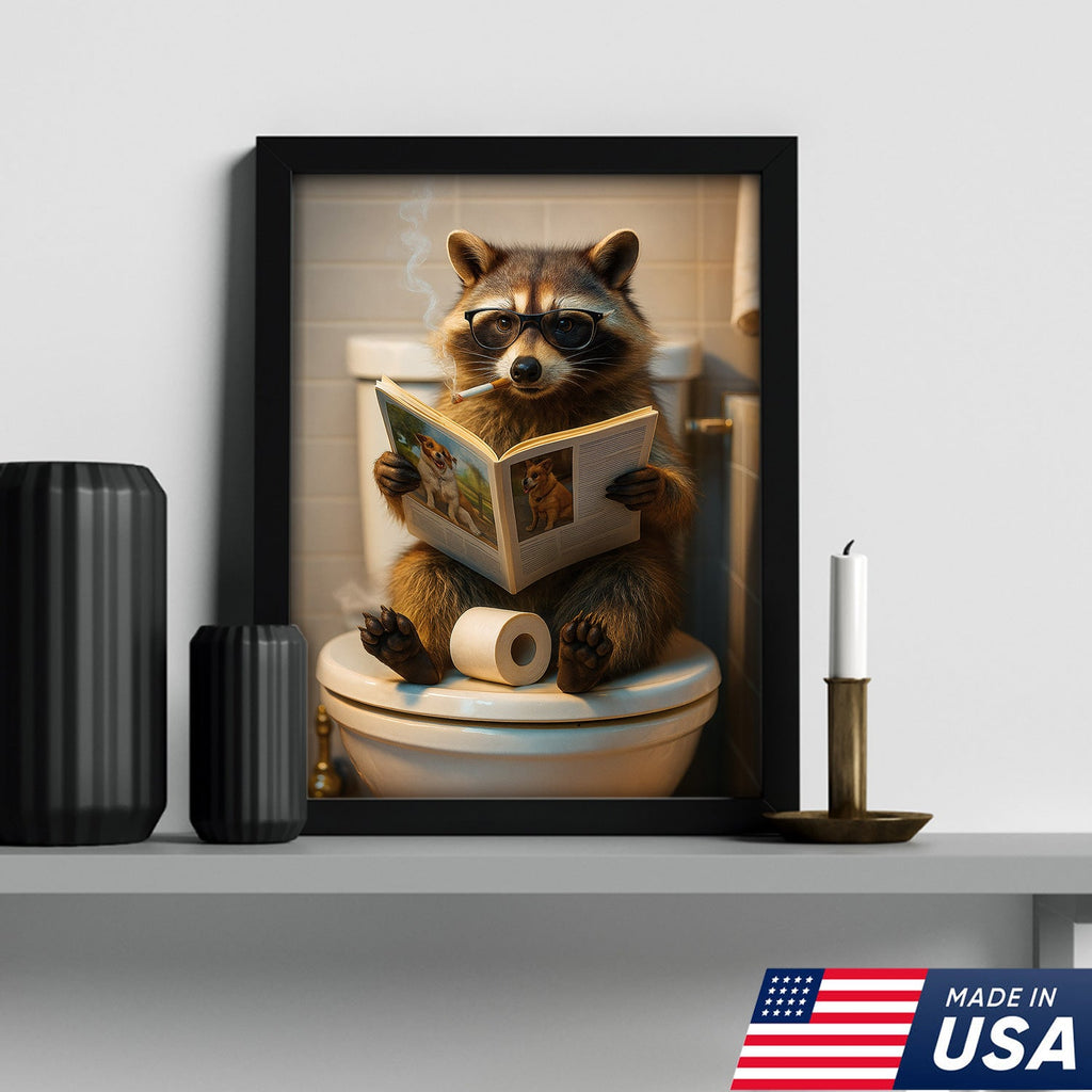 Funny Raccoon On Toilet Canvas – Smoking Raccoon Reading on Toilet, Bathroom Humor Wall Art