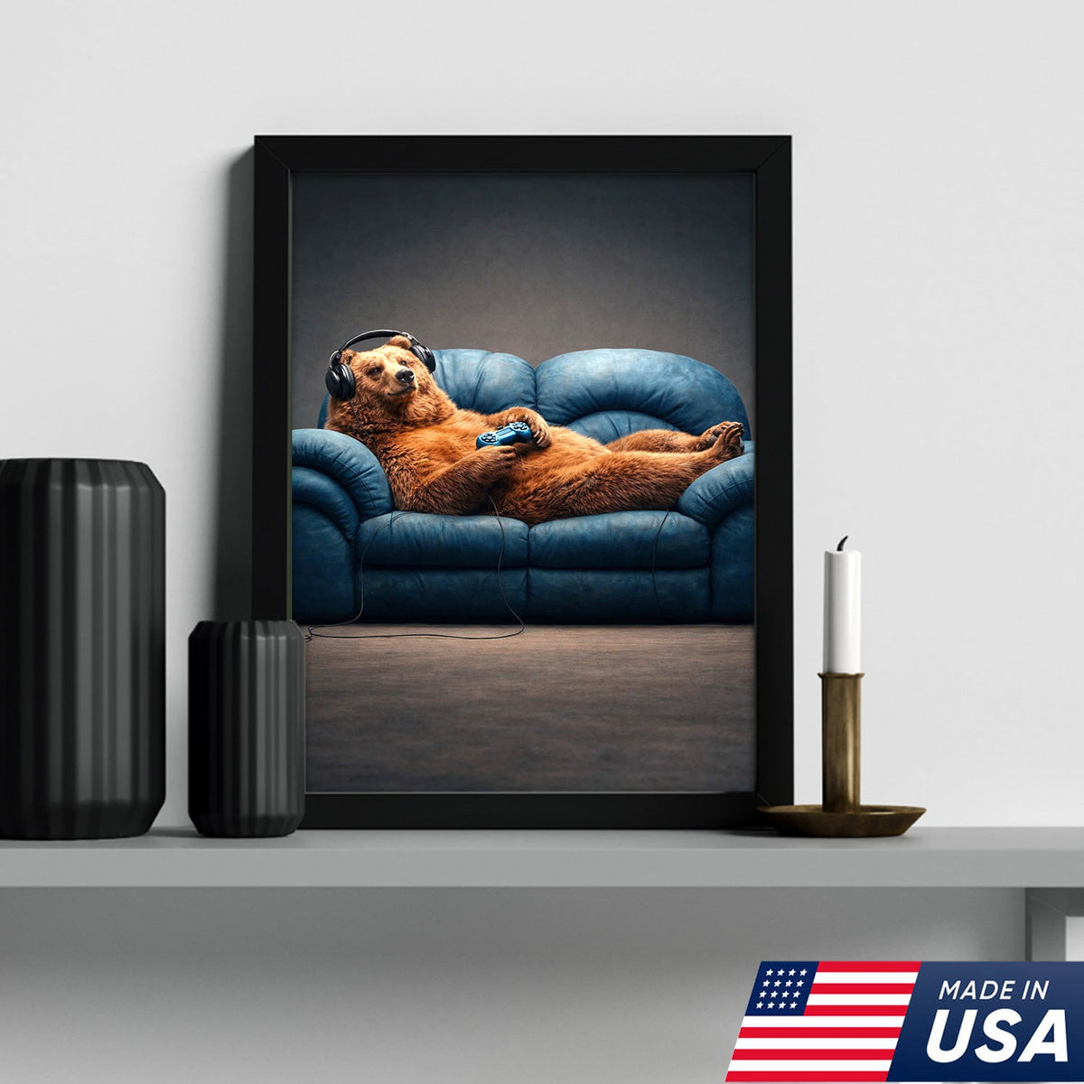 Funny Gamer Bear Wall Art Canvas Print, Relaxing Animal Gaming Illustration