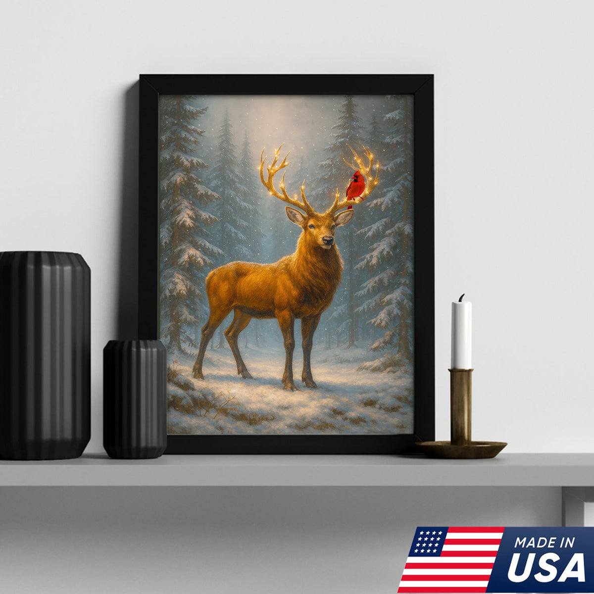 Majestic Deer Christmas Canvas Wall Art – Winter Woodland Decor, Lighted Antlers Canvas