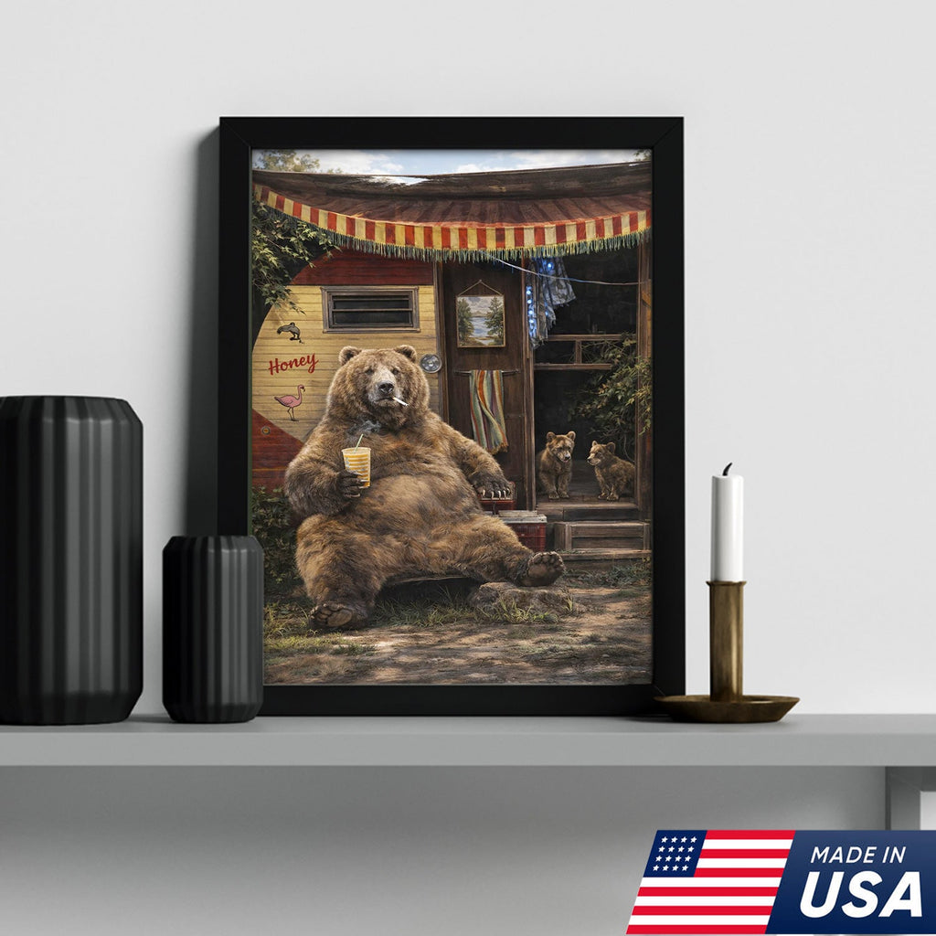 Funny Bear Camping Canvas, Rustic Cabin Wall Art, Wildlife Decor