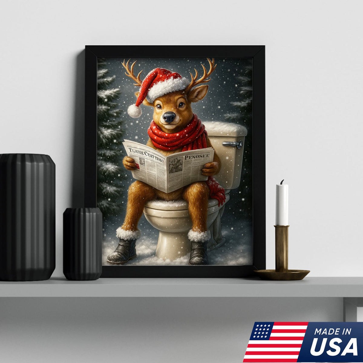 Funny Deer Christmas Canvas Wall Art – Holiday Bathroom Decor – Rustic Hunting Lodge Gift