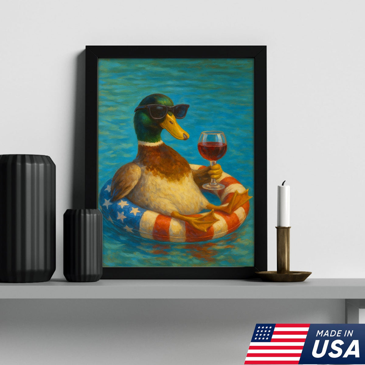 Cool Duck with Wine Canvas – Sunglasses, USA Flag Pool Float, Funny Summer Wall Art
