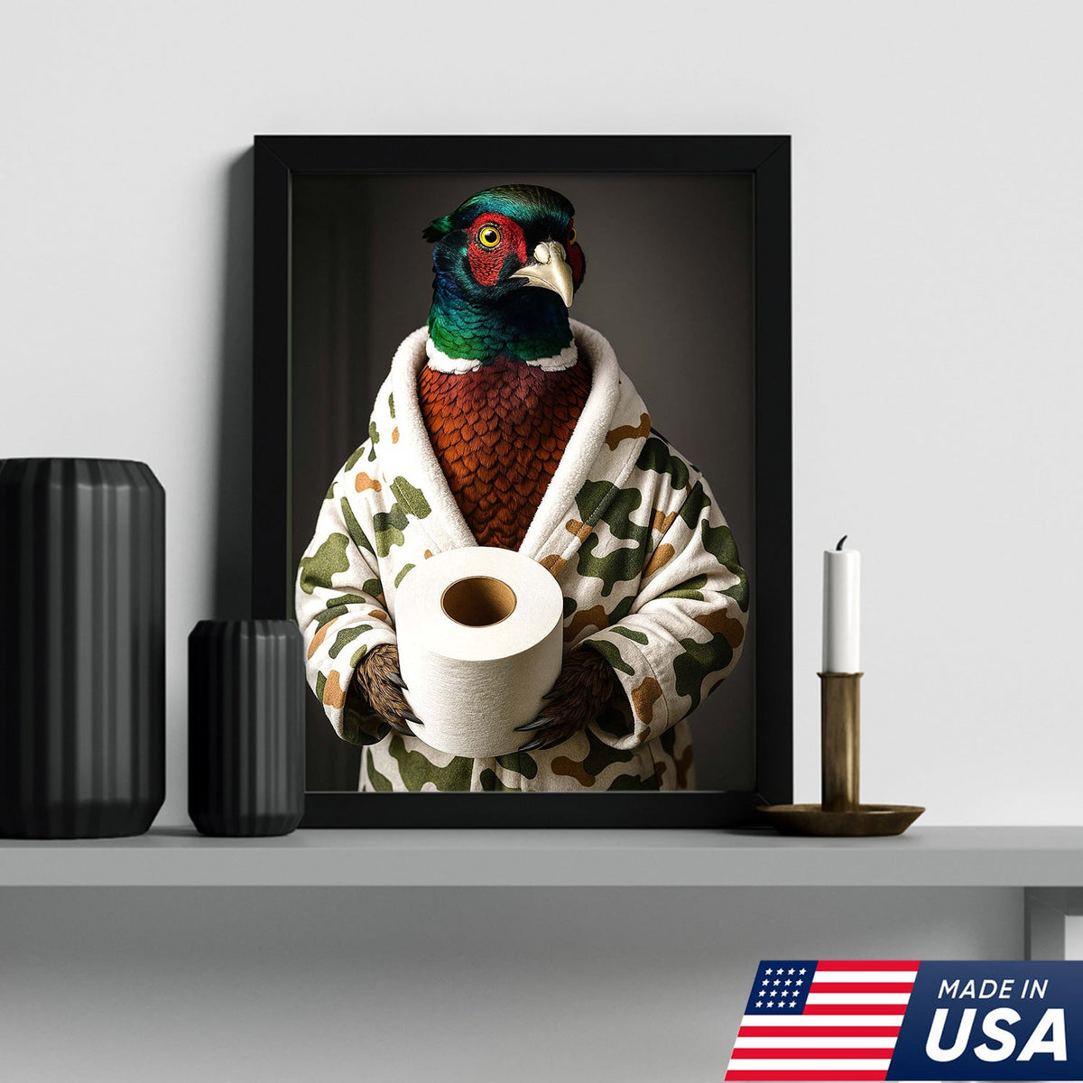 Funny Pheasant Bathroom Wall Art – Camo Robe Bird Holding Toilet Paper Print