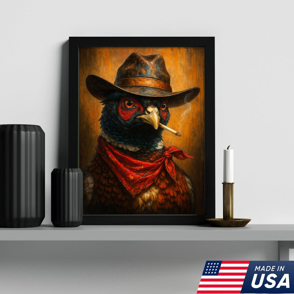 Smoking Pheasant Cowboy Portrait Canvas – Rustic Western Wall Art for Man Cave Decor
