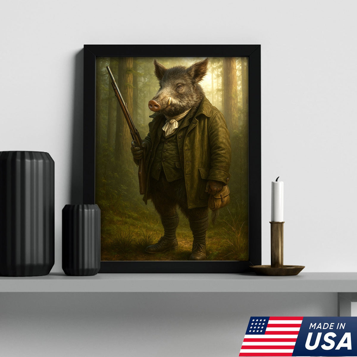 Funny Wild Boar Hunter Canvas Wall Art – Rustic Hunting Lodge Decor Gift for Hunters