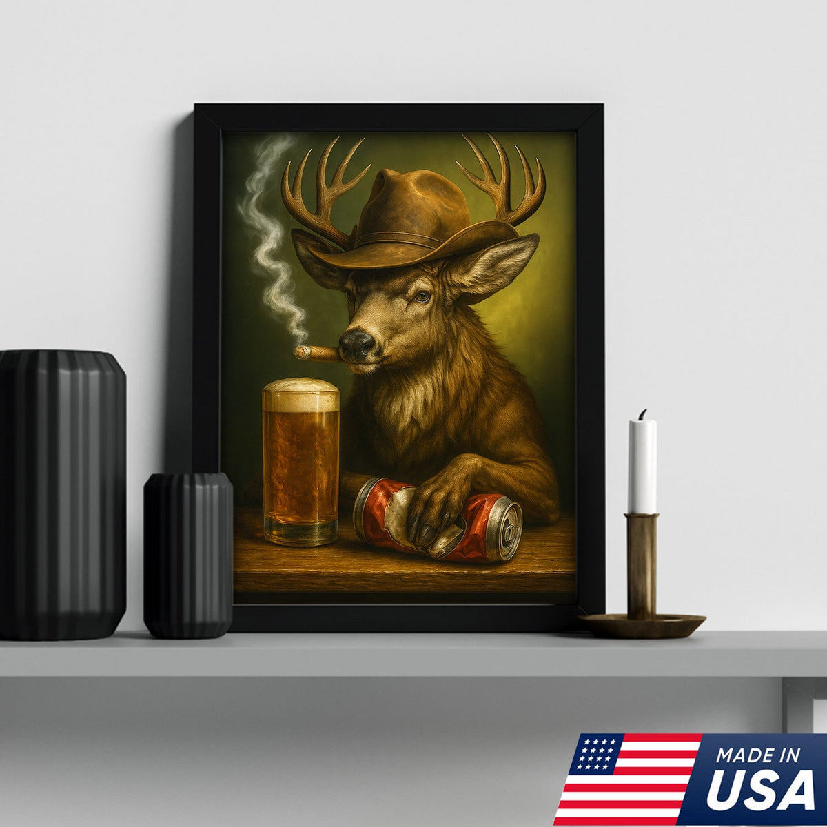 Funny Cowboy Buck Beer Canvas – Rustic Funny Wall Art Gift for Hunters, Bar Cabin & Man Cave Decor