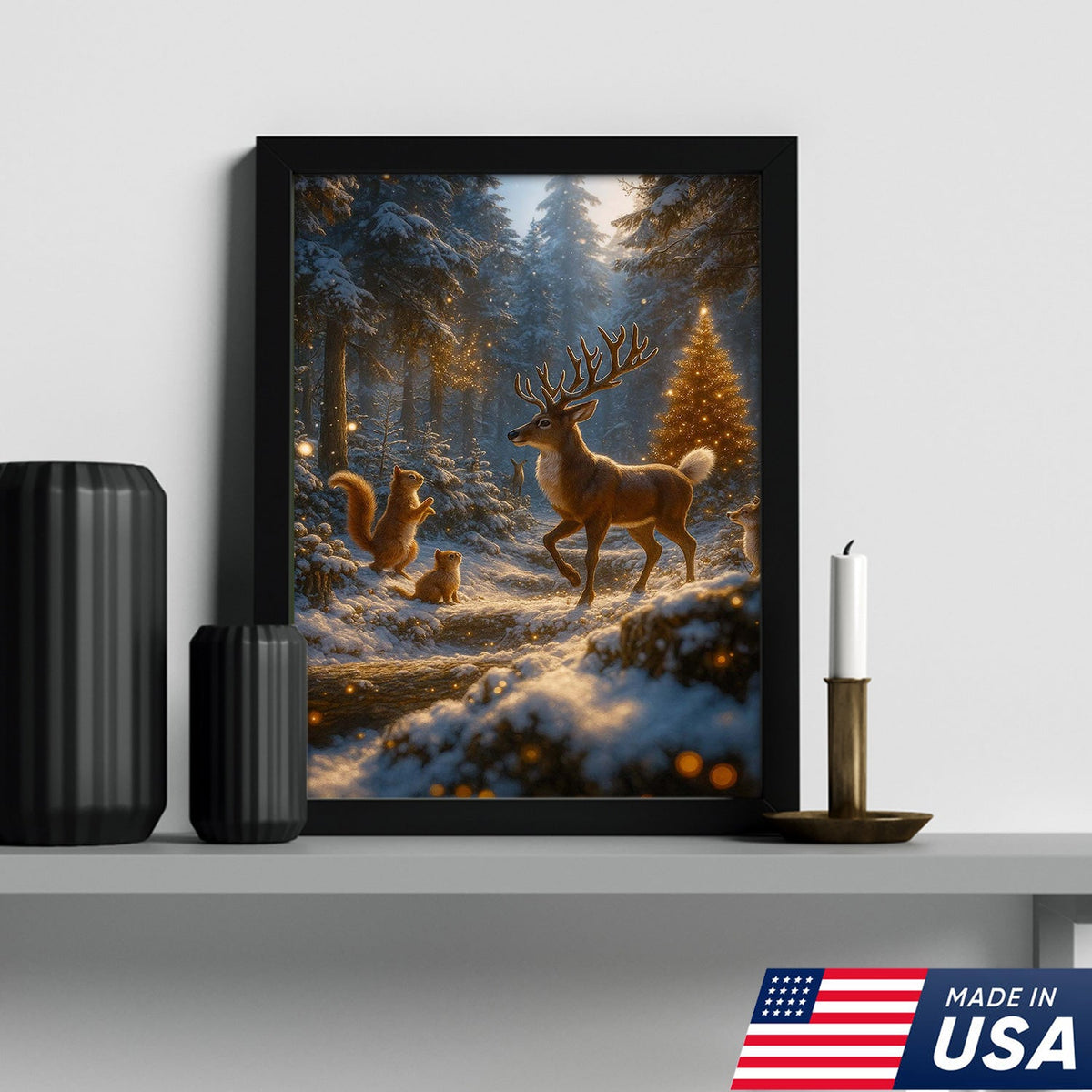 Christmas Deer Forest Wall Art Canvas – Magical Winter Woodland Print