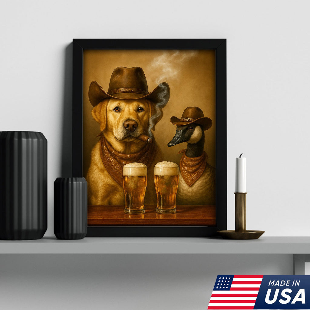Funny Cowboy Dog & Goose Canvas Wall Art – Funny Beer & Smoking Western Decor for Hunters