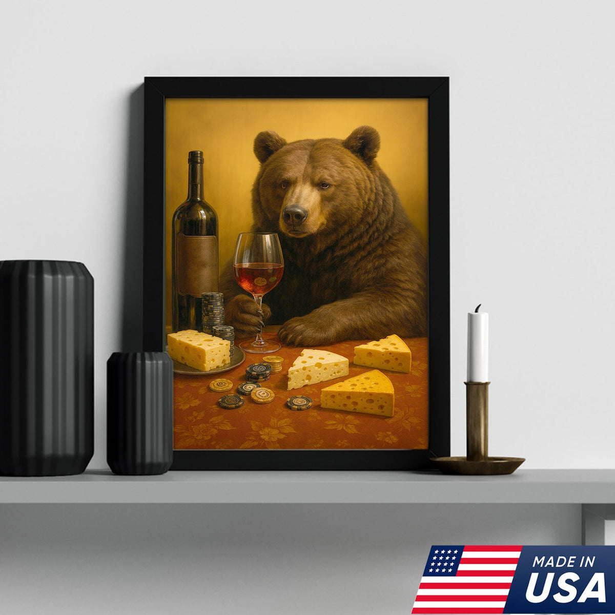Funny Bear Wine & Cheese Wall Art Canvas - Poker Room Decor, Animal Painting for Home Bar