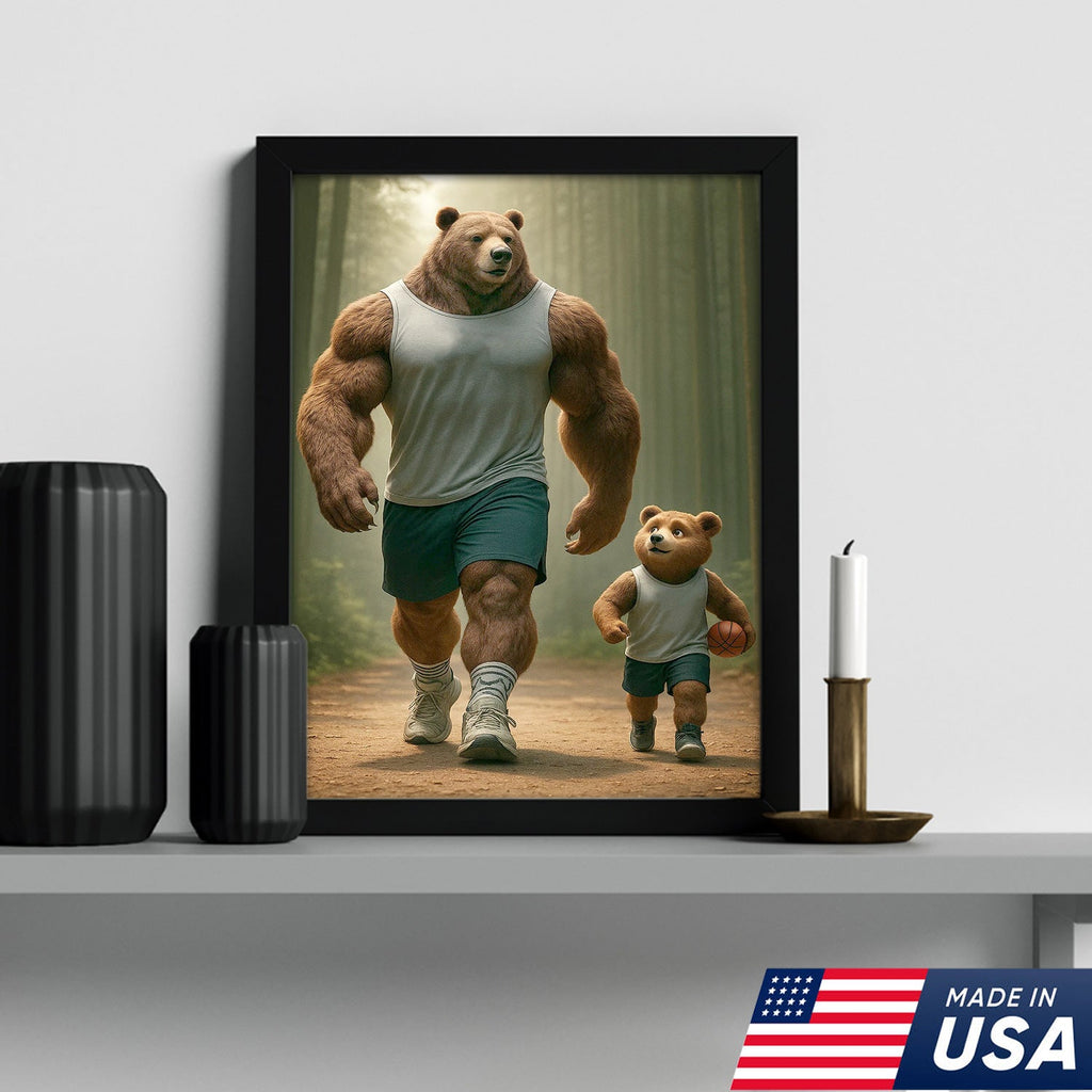 Buff Bear Dad and Cub Canvas Wall Art, Fitness Father and Son Bear Print
