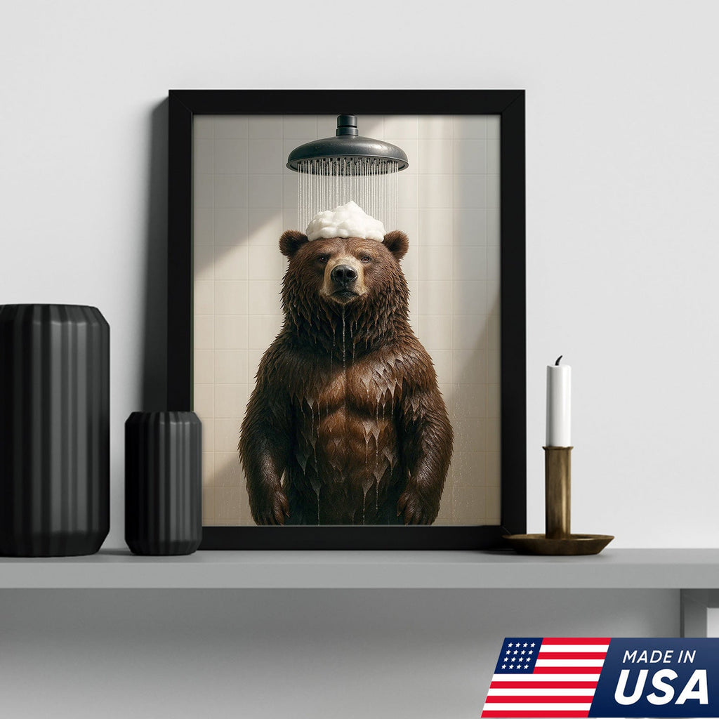 Funny Bear Taking Shower Bathroom Canvas Wall Art, Rustic Cabin Lodge Bathroom Decor