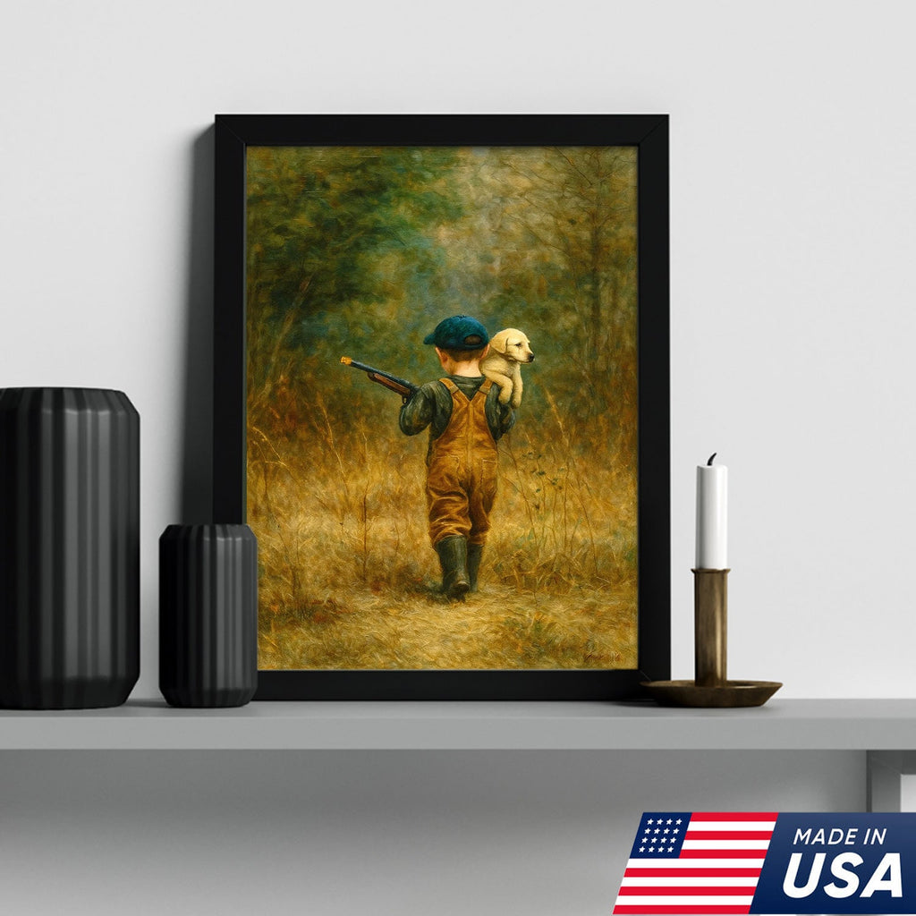 Little Hunter and Puppy Canvas Wall Art, Wholesome Boy with Dog Artwork