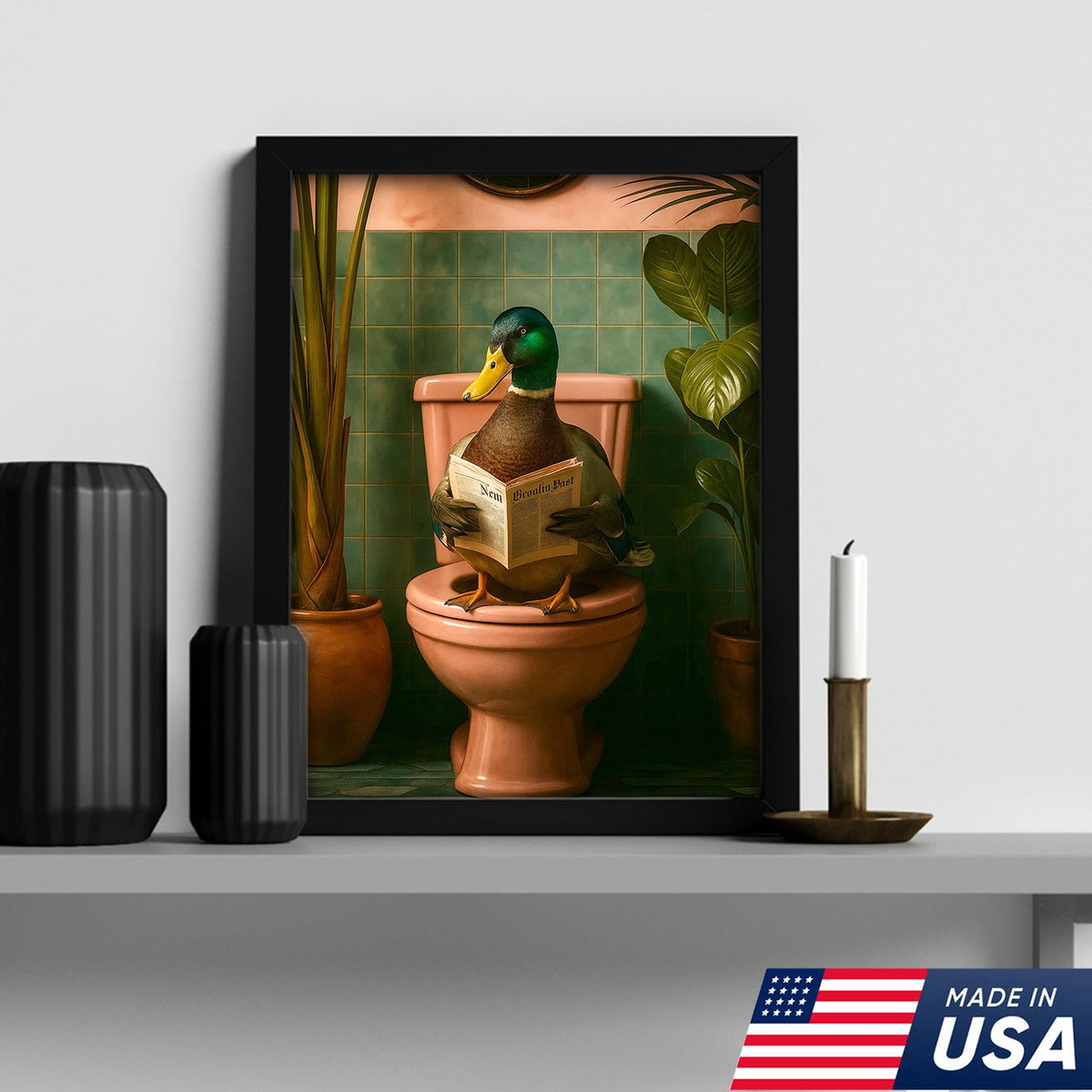 Whimsical Duck Bathroom Canvas Wall Art – Funny Rustic Lodge Decor – Mallard Reading Humor Print