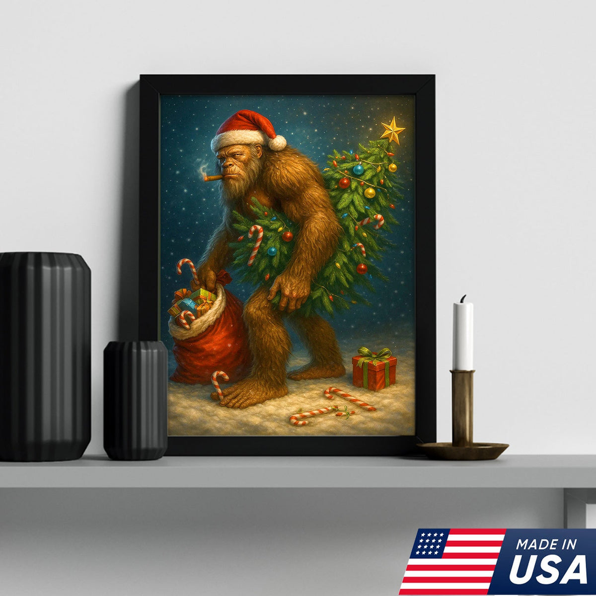 Funny Bigfoot Christmas Canvas Art, Sasquatch Holiday Wall Decor with Candy Canes