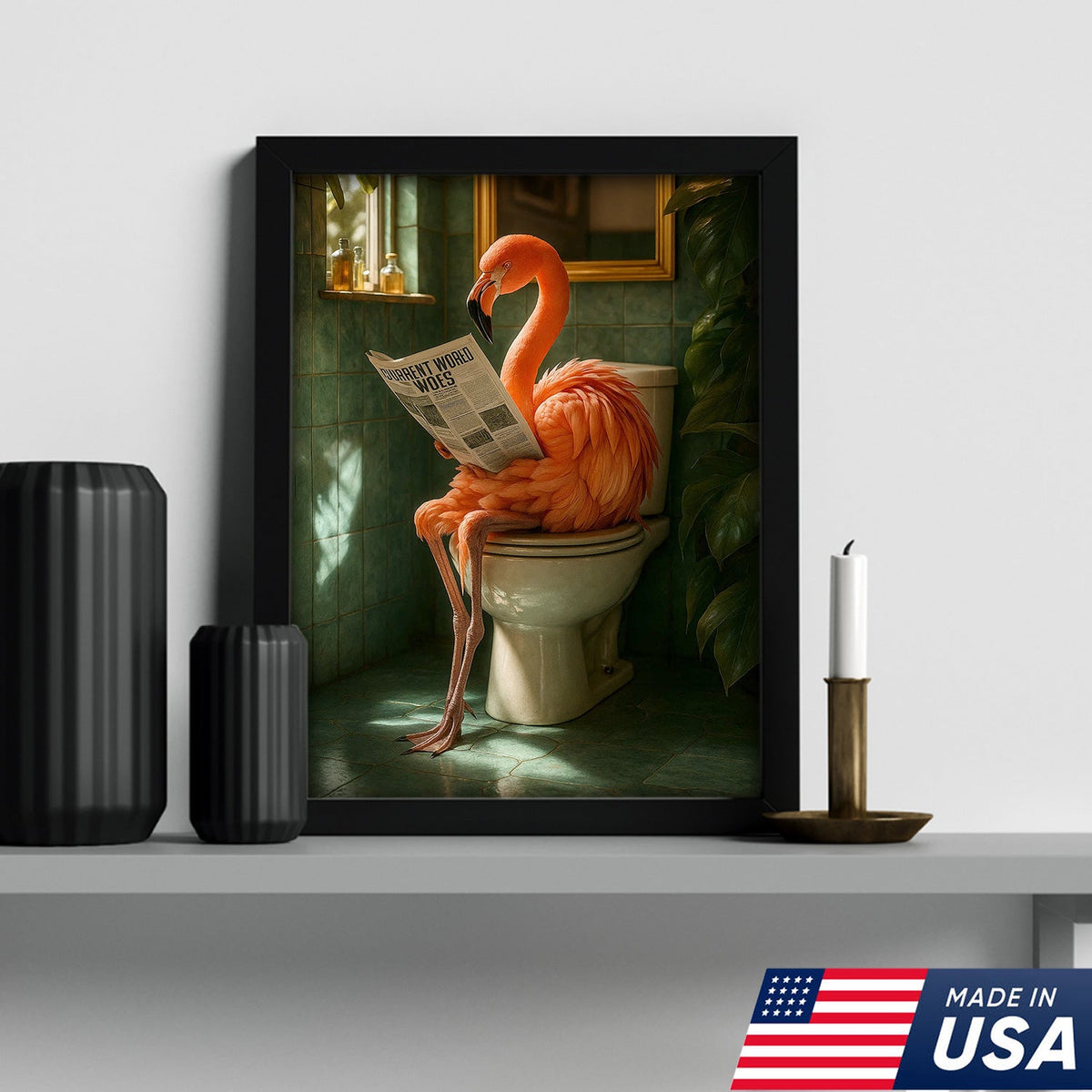 Funny Flamingo Bathroom Canvas Wall Art – Quirky Bird Reading Newspaper Print