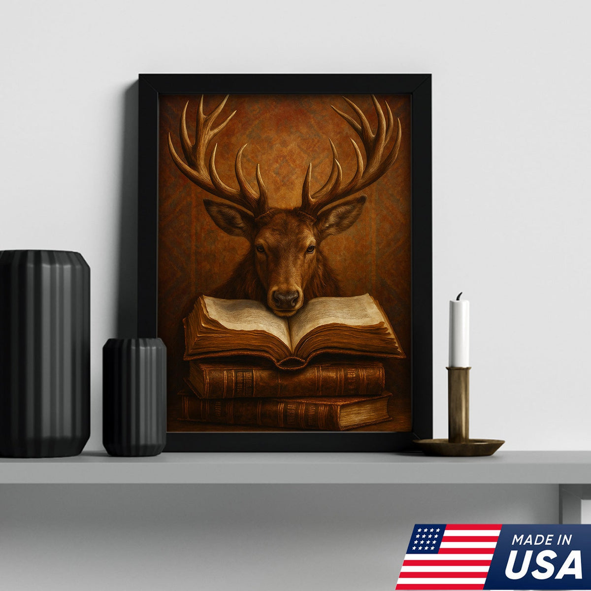 Wise Deer Canvas Wall Art – Rustic Library & Cabin Decor