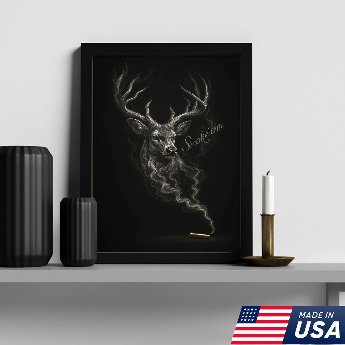 Smoke ’Em Deer Canvas, Rustic Hunter Wall Art, Smoky Buck Skull Design
