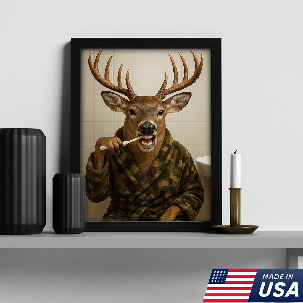 Funny Deer Brushing Teeth Wall Art – Rustic Bathroom Canvas for Cabin, Lodge & Man Cave Decor