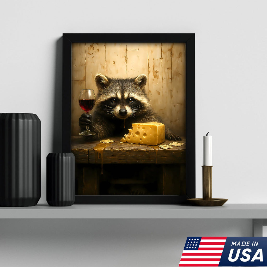 Raccoon with Wine and Cheese Canvas – Funny Bar Wall Art, Gentleman Gift for Men