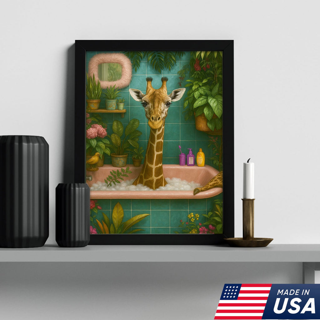 Giraffe Bathroom Wall Art Canvas, Funny Animal Taking Bath Decor