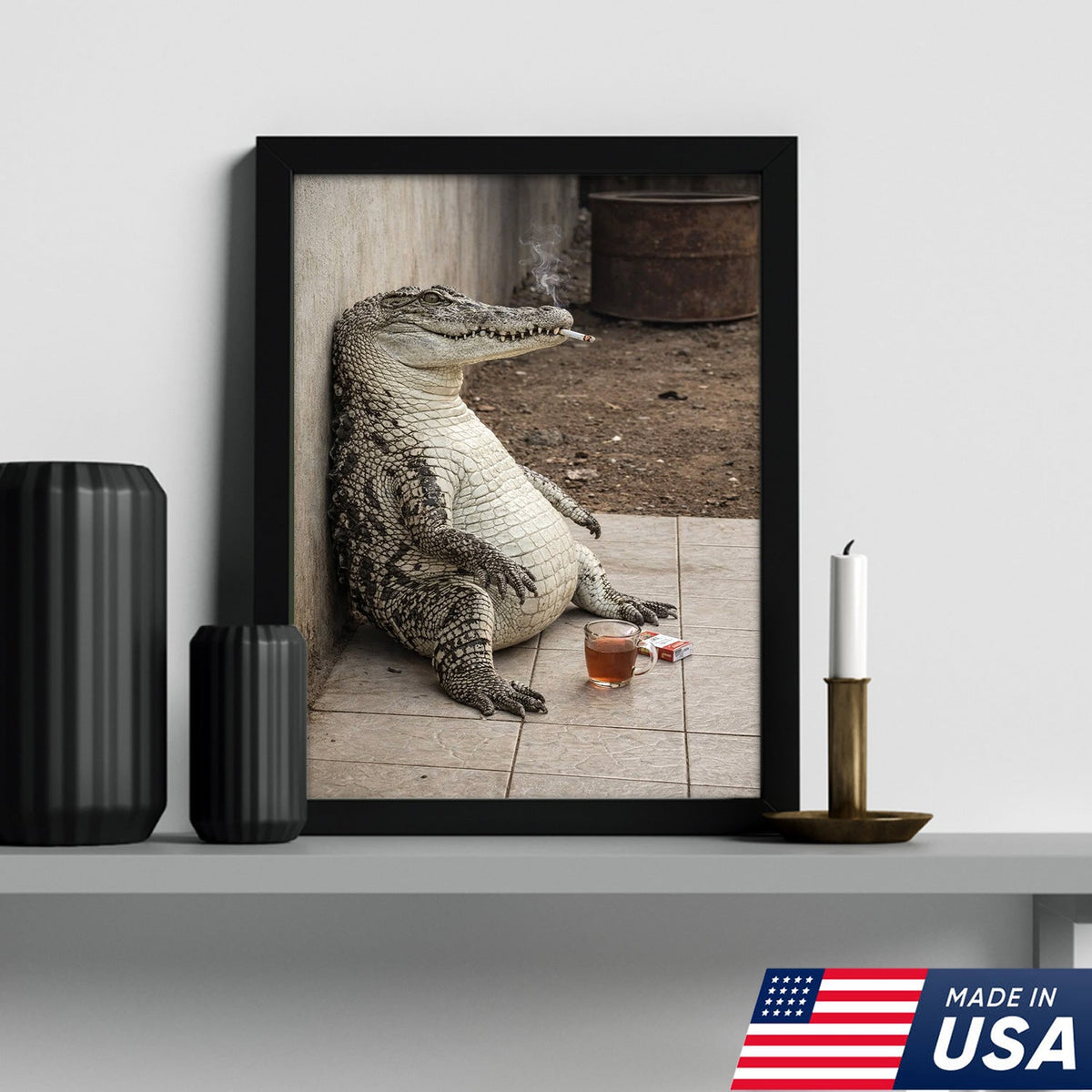 Funny Crocodile Smoking & Drinking Coffee Canvas Wall Art, Dark Humor Animal Illustration