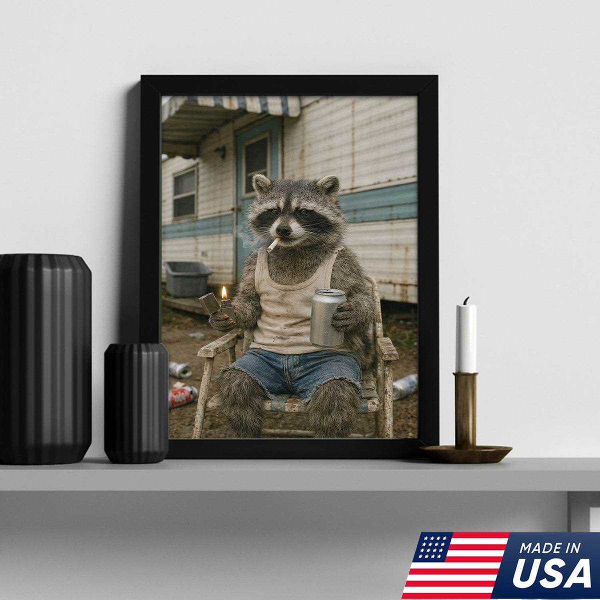 Funny Raccoon Trailer Park Canvas Wall Art, Redneck Raccoon Smoking with Beer