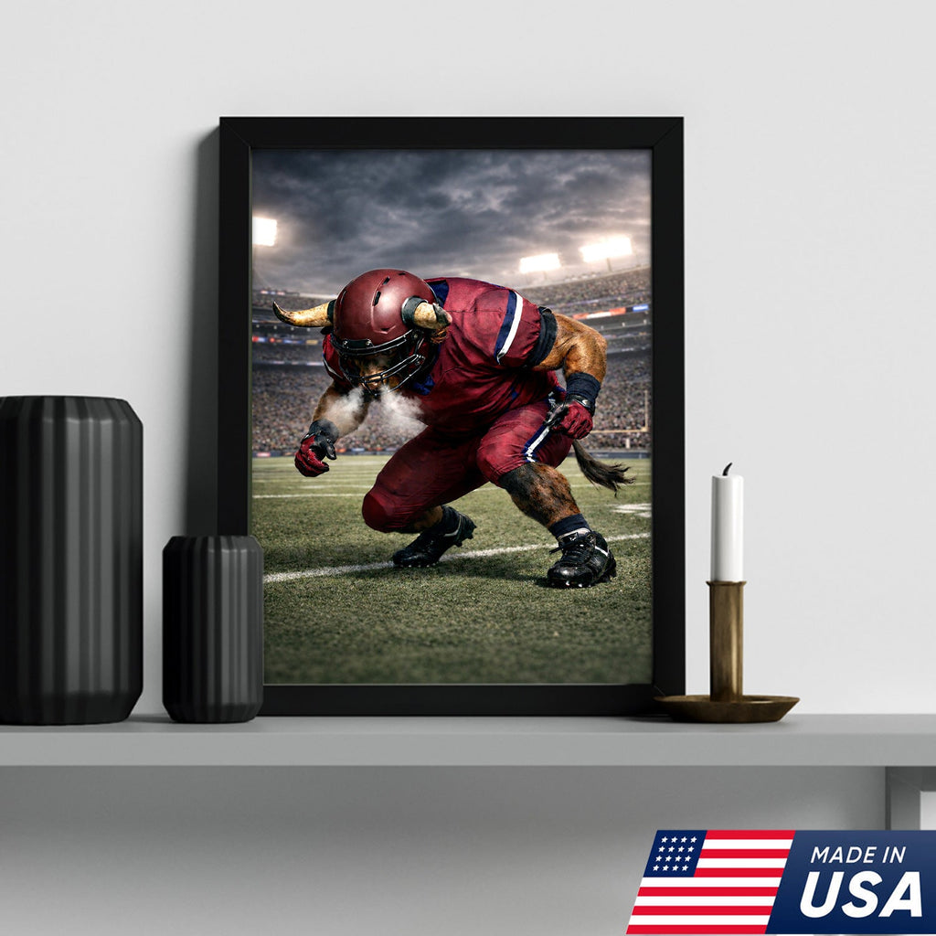 Fierce Bull Football Canvas Wall Art – Charging Horned Athlete Stadium Print