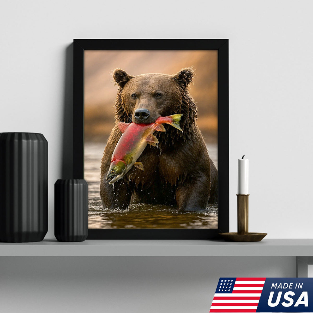 Bear Catching Salmon Canvas Wall Art, Wildlife River Cabin Decor, Nature Lover Gift