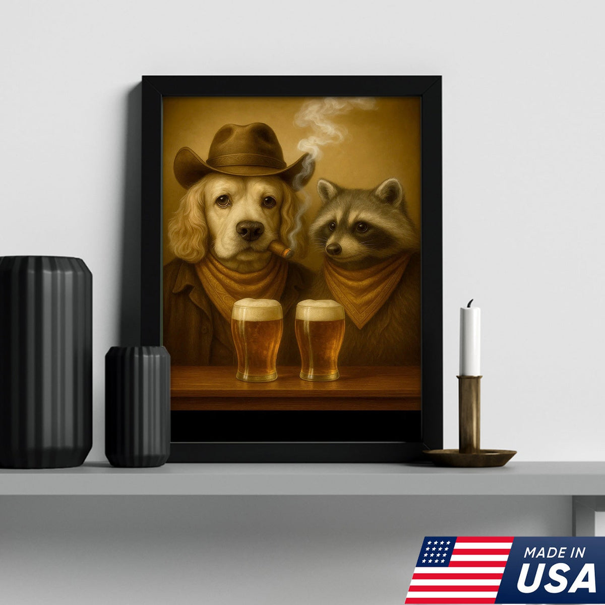 Funny Dog & Raccoon Bar Art – Cowboy Dog Smoking Cigar, Beer Buddies Wall Decor Gift for Men