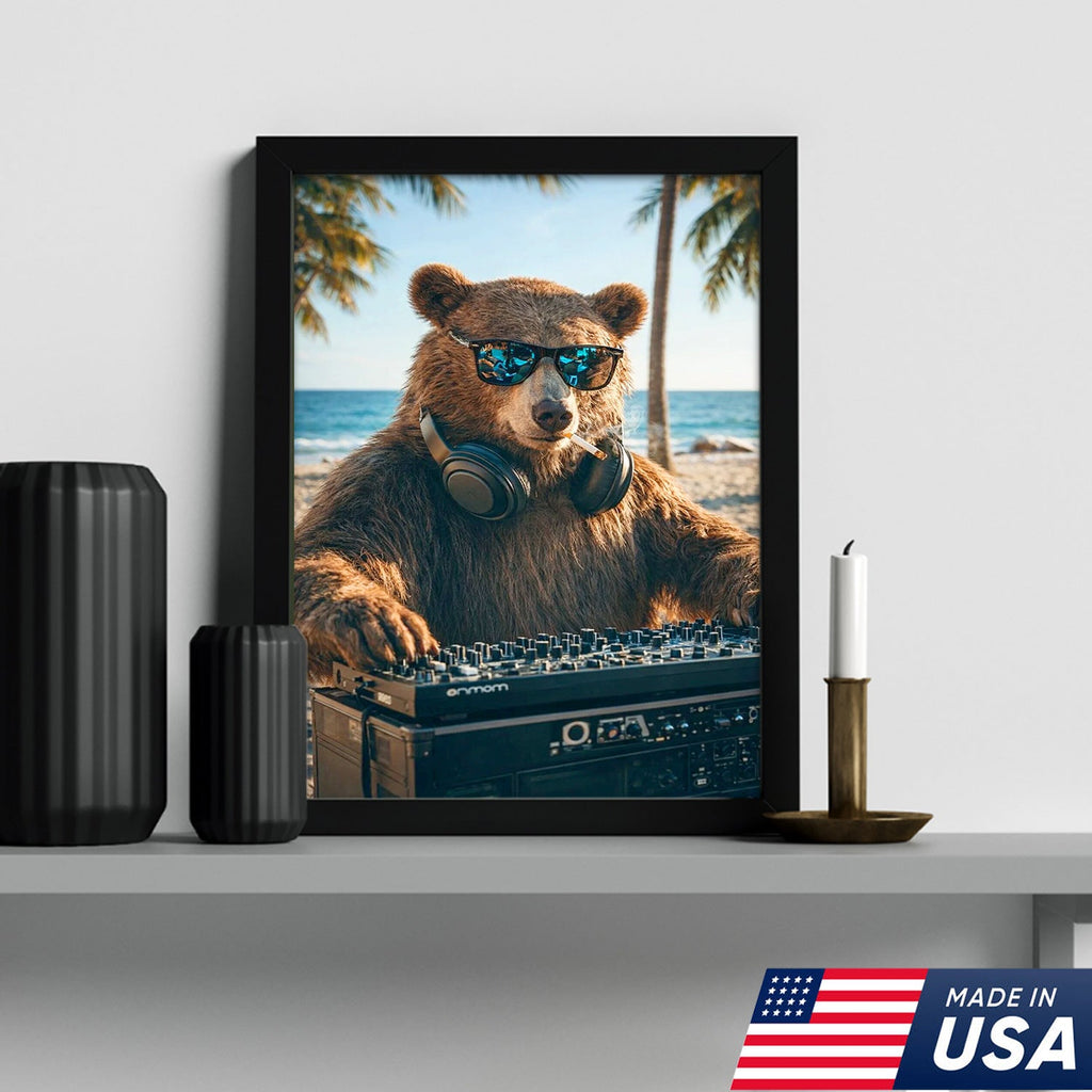 Cool DJ Bear Beach Canvas Wall Art – Trendy Animal Music Print