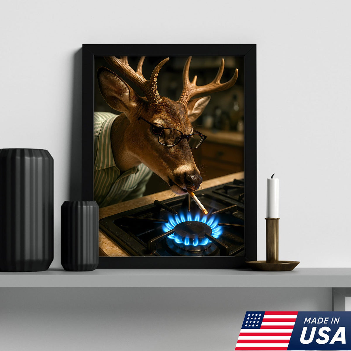 Funny Deer Smoking Canvas, Hilarious Buck Wall Art for Hunters, Rustic Cabin or Man Cave Decor