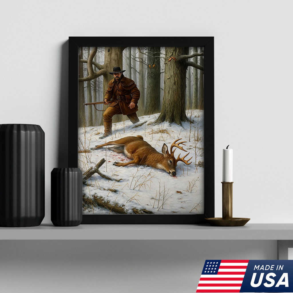 Deer Hunting Canvas Wall Art – Rustic Winter Forest Scene, Hunter with Rifle and Buck