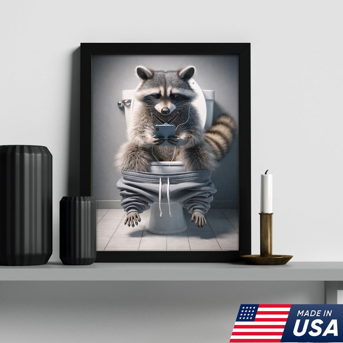 Funny Raccoon Toilet Canvas, Bathroom Humor Wall Art, Animal Decor